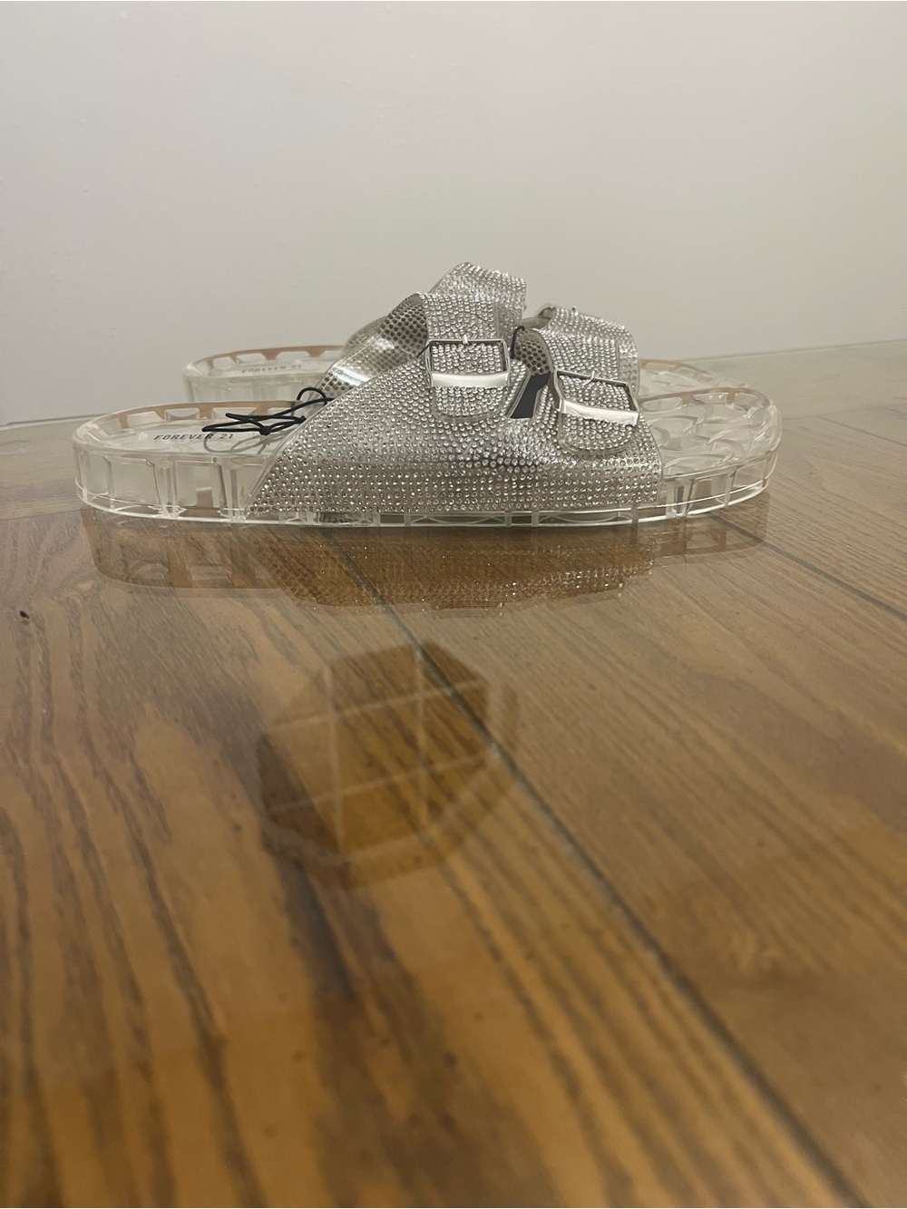 Women's Forever 21 Silver Crystal Double-Buckle Jelly Slides Size 10